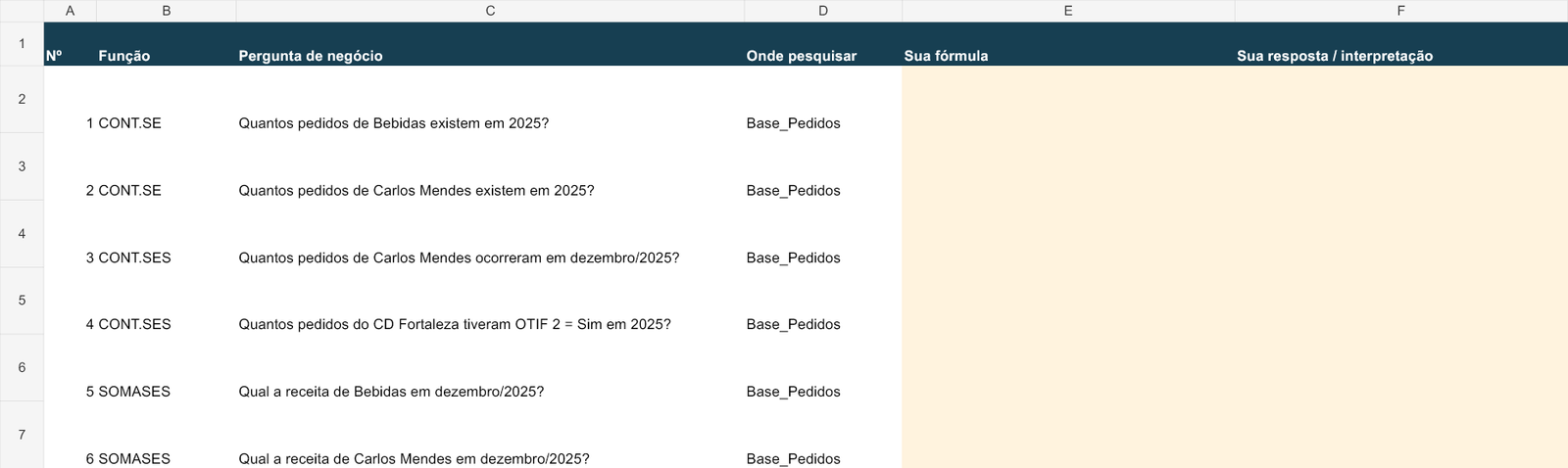 Planilha de exercícios com colunas número, função, pergunta de negócio, onde pesquisar, sua fórmula e sua resposta ou interpretação, usando CONT.SE, CONT.SES e SOMASES.